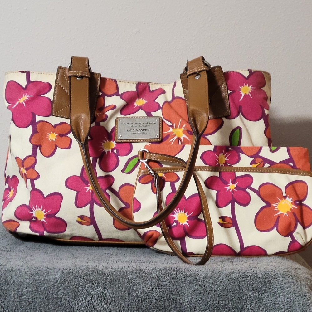 Liz Claiborne Floral Tote with Brown Handles